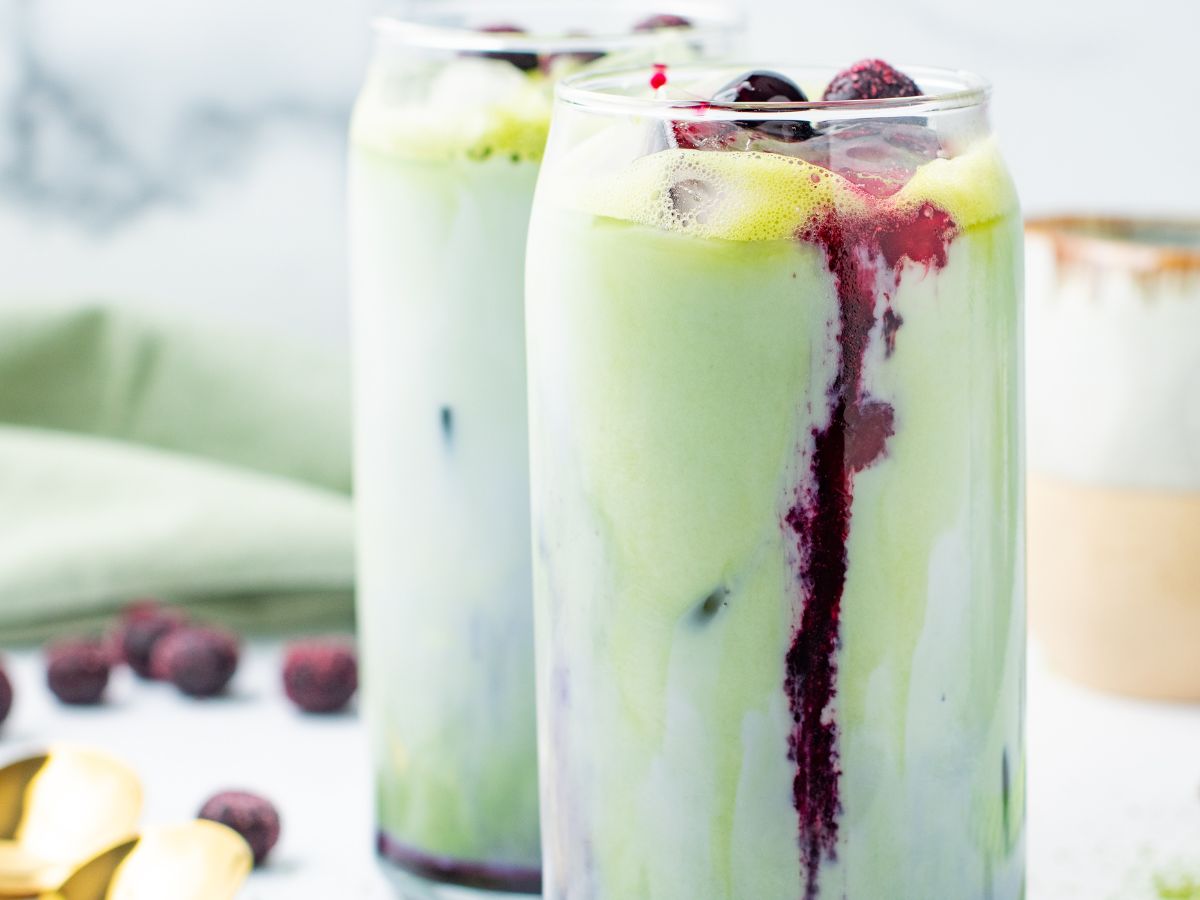 Iced Blueberry Matcha Latte in two glasses. 