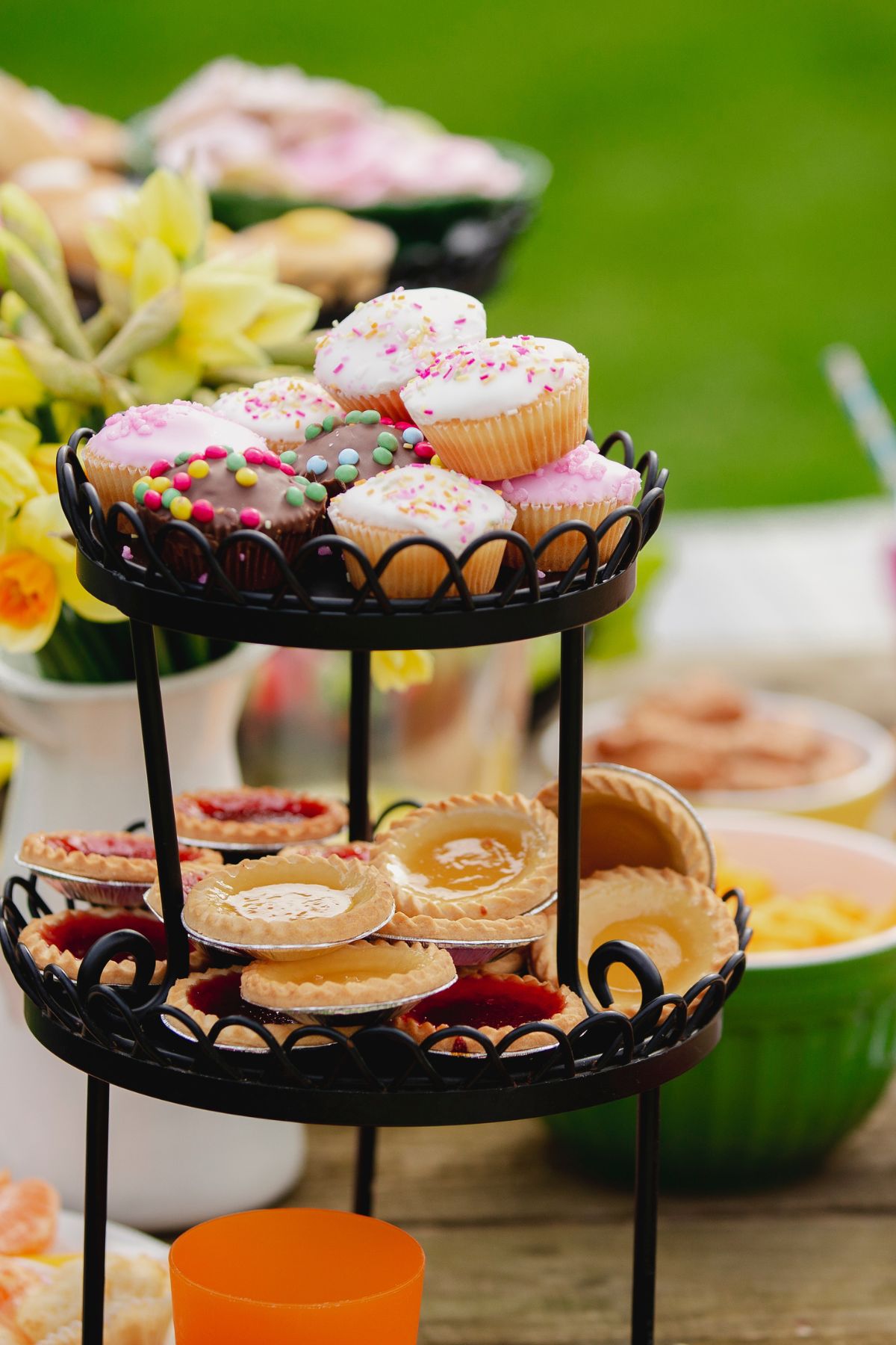 Mini Tea Desserts on a two tier tray for a Garden Tea Party. 