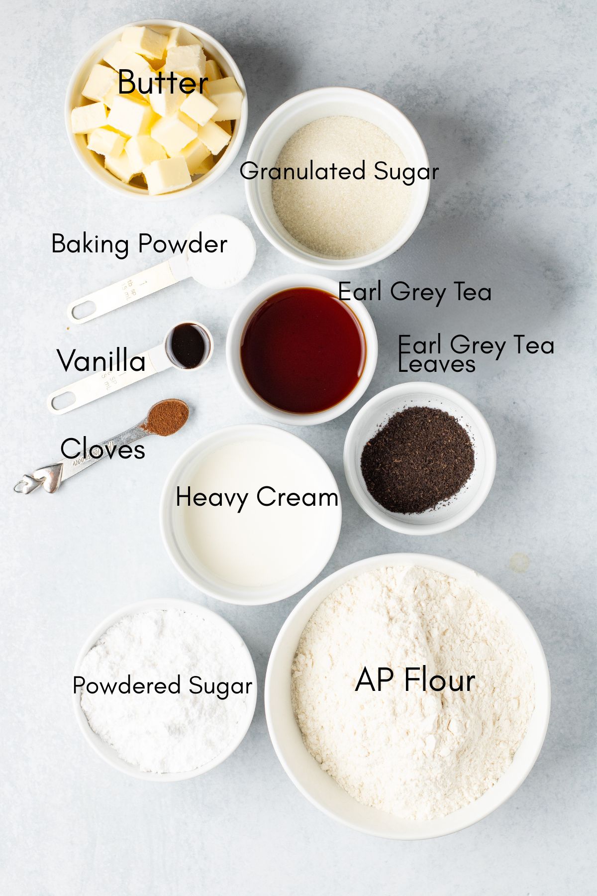 Bowls of ingredients to make Earl Grey Scones.