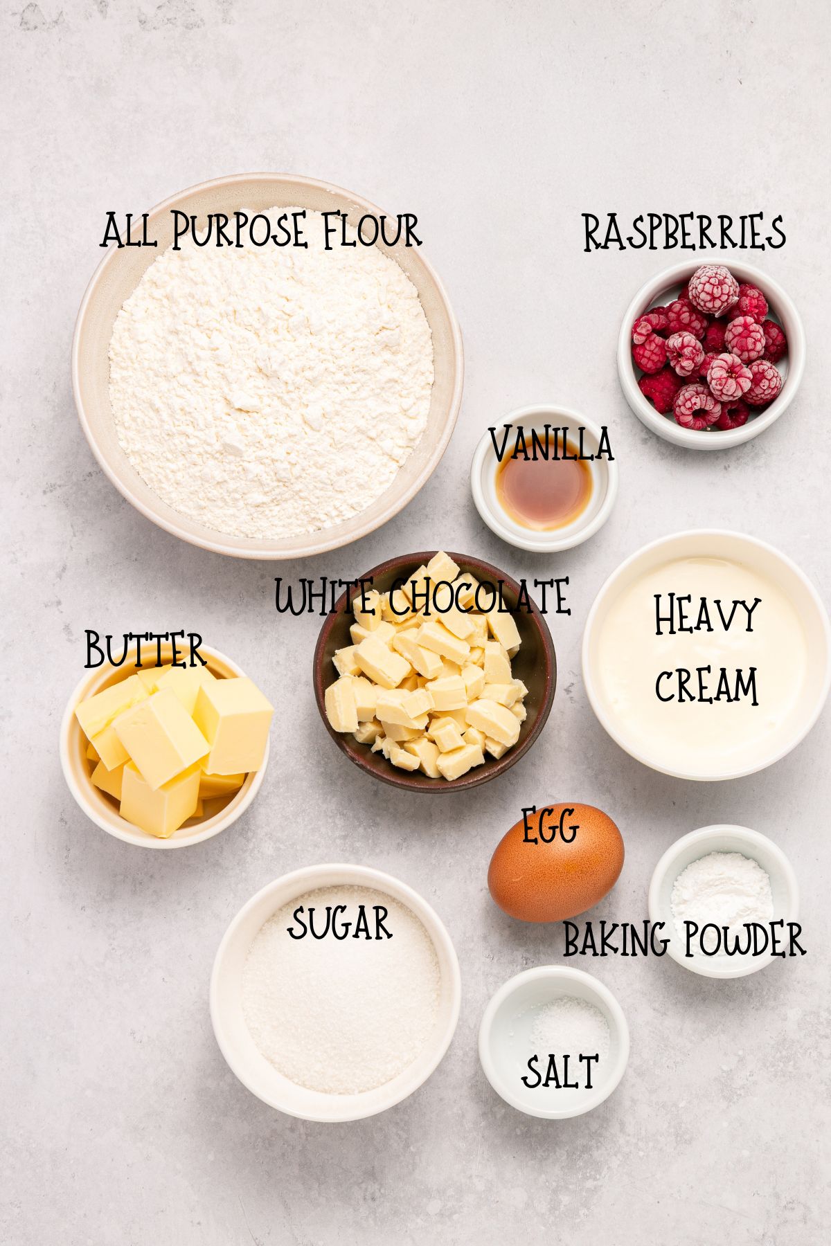 Ingredients on a counter for White Chocolate Raspberry Scones.