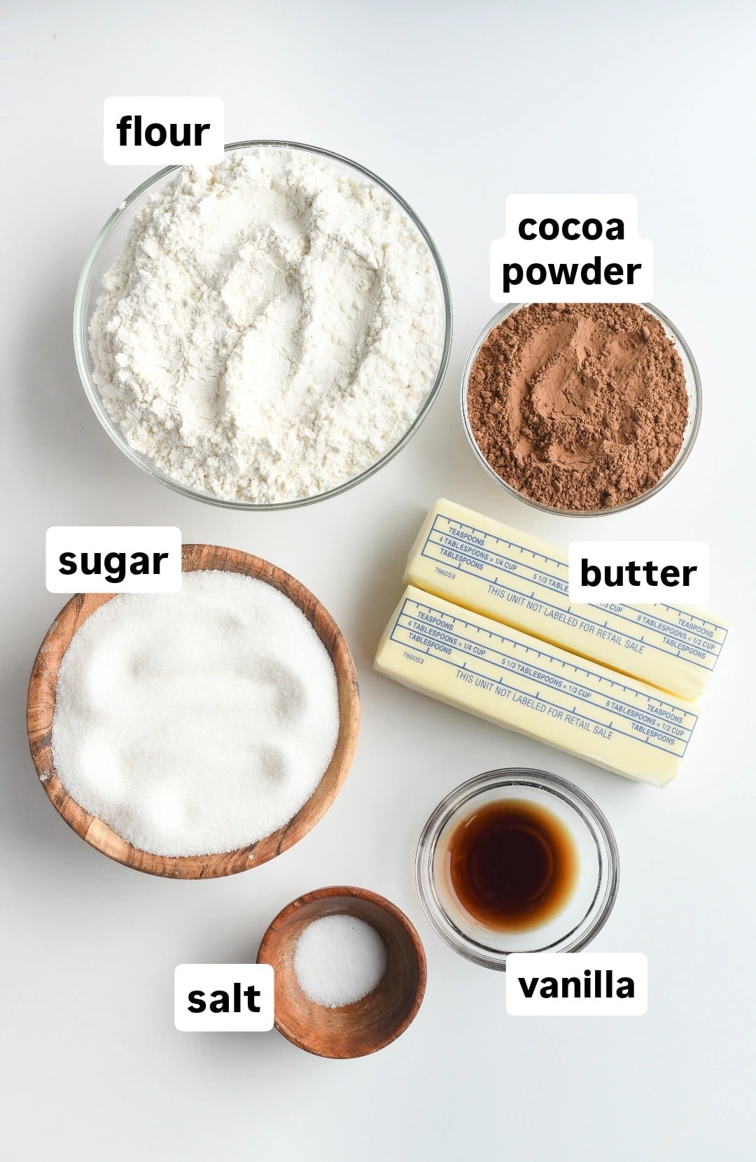 Chocolate Shortbread Cookie ingredients in bowls.