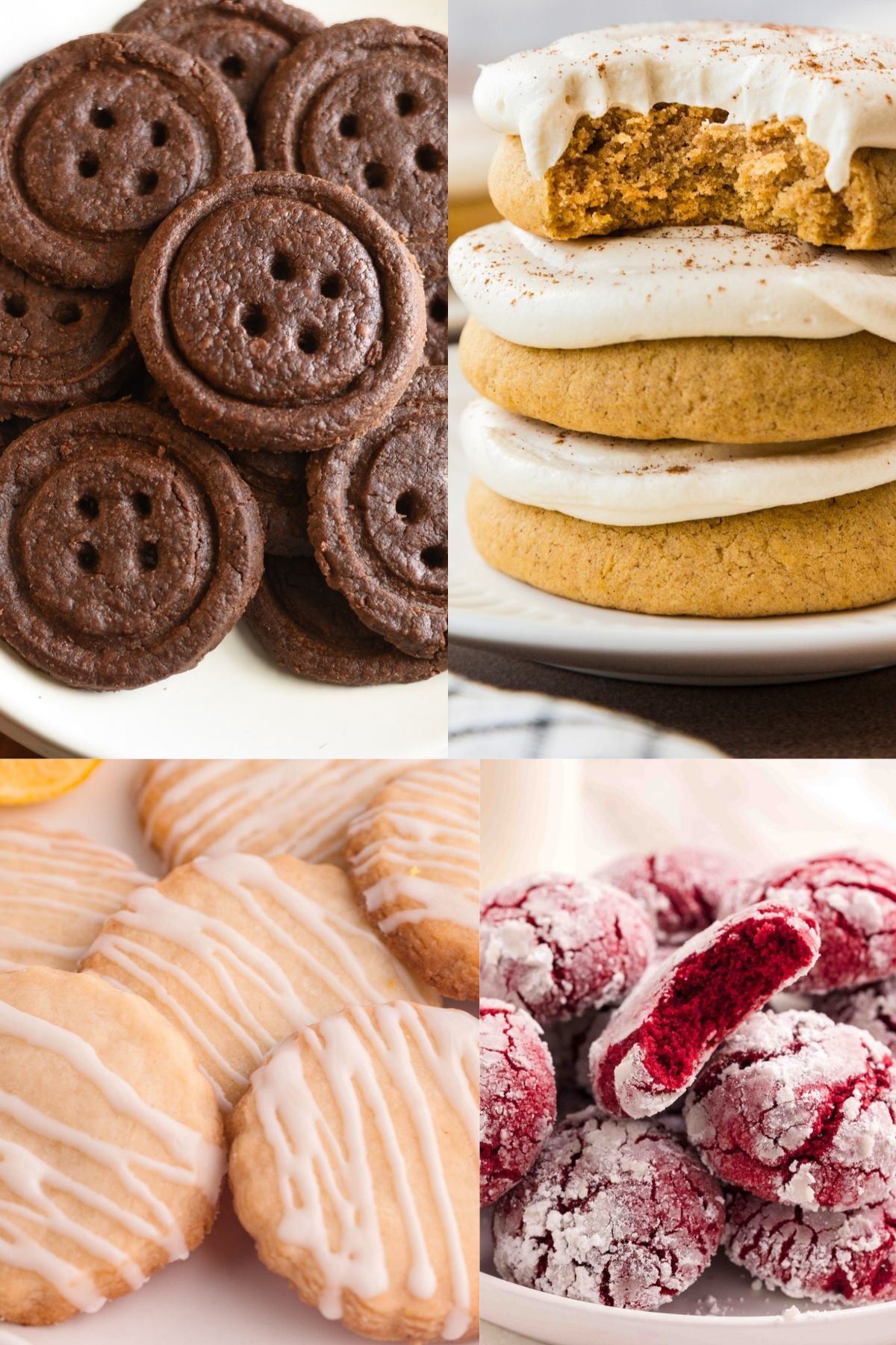 4 different cookies on plates. Red Velvet Crinkle, Lemon Shortbread, Chocolate Shortbread and Crumbl Pumpkin Caramel Cookie.